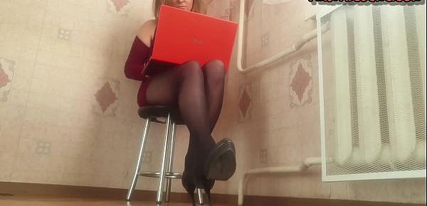  Lauren Rubbing Her Pantyhosed Feet While She Works On Laptop